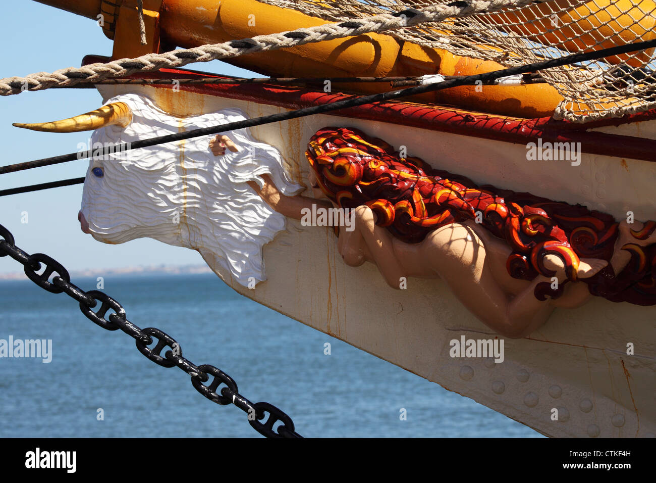The figurehead of a tall ship. Figureheads were once seen on most sailing ships. Stock Photo
