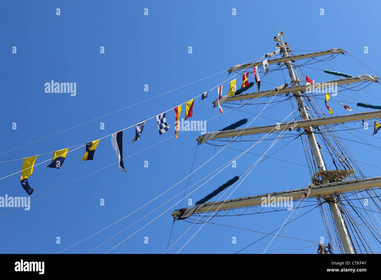 The mast of a tall ship. Colourful flags hang from the mast. Stock Photo