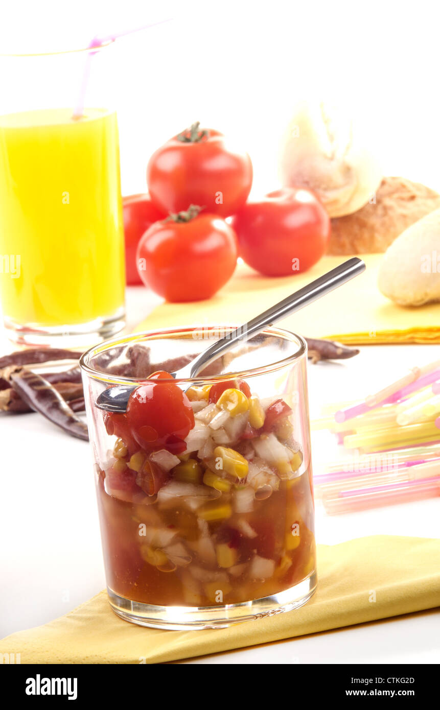 home made sweet corn and tomato relish with onion Stock Photo