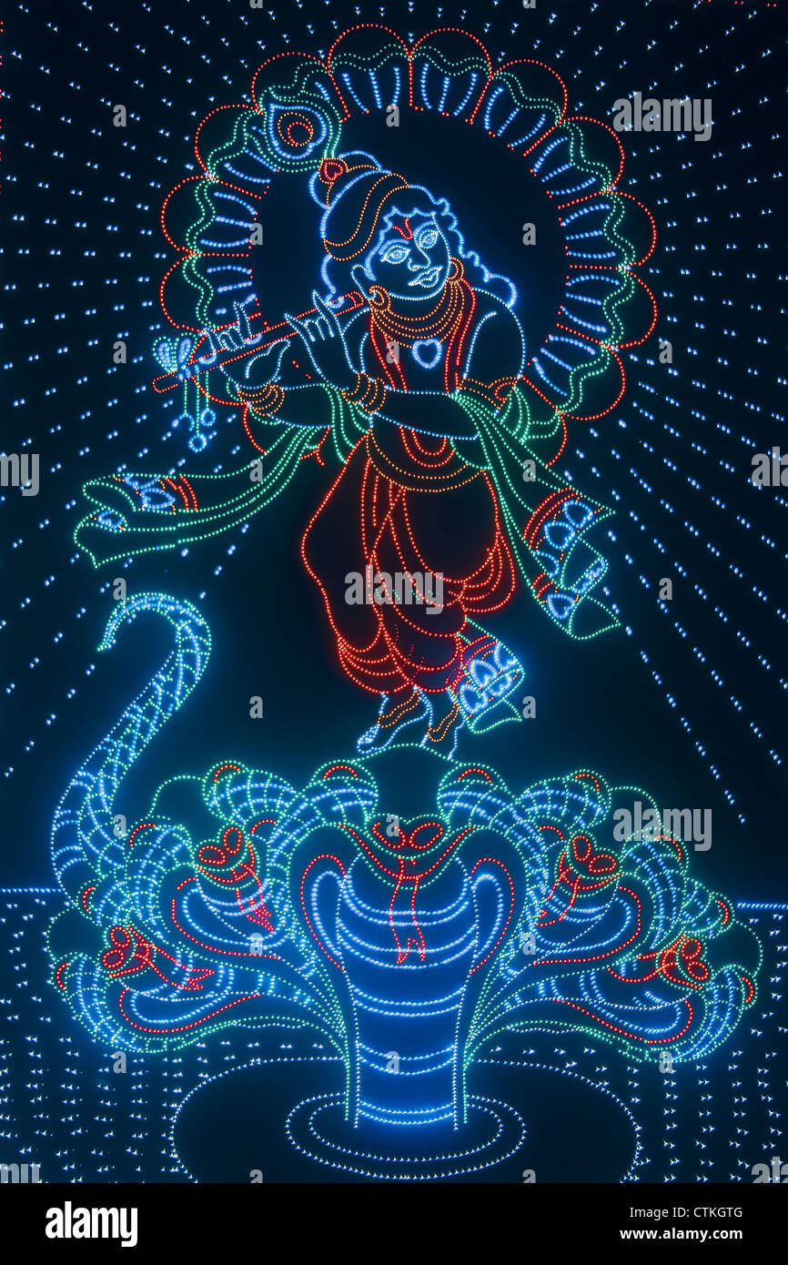 Colourful representation of God Krishna using led lights, Ganesh Festival, Pune, Maharashtra, India Stock Photo