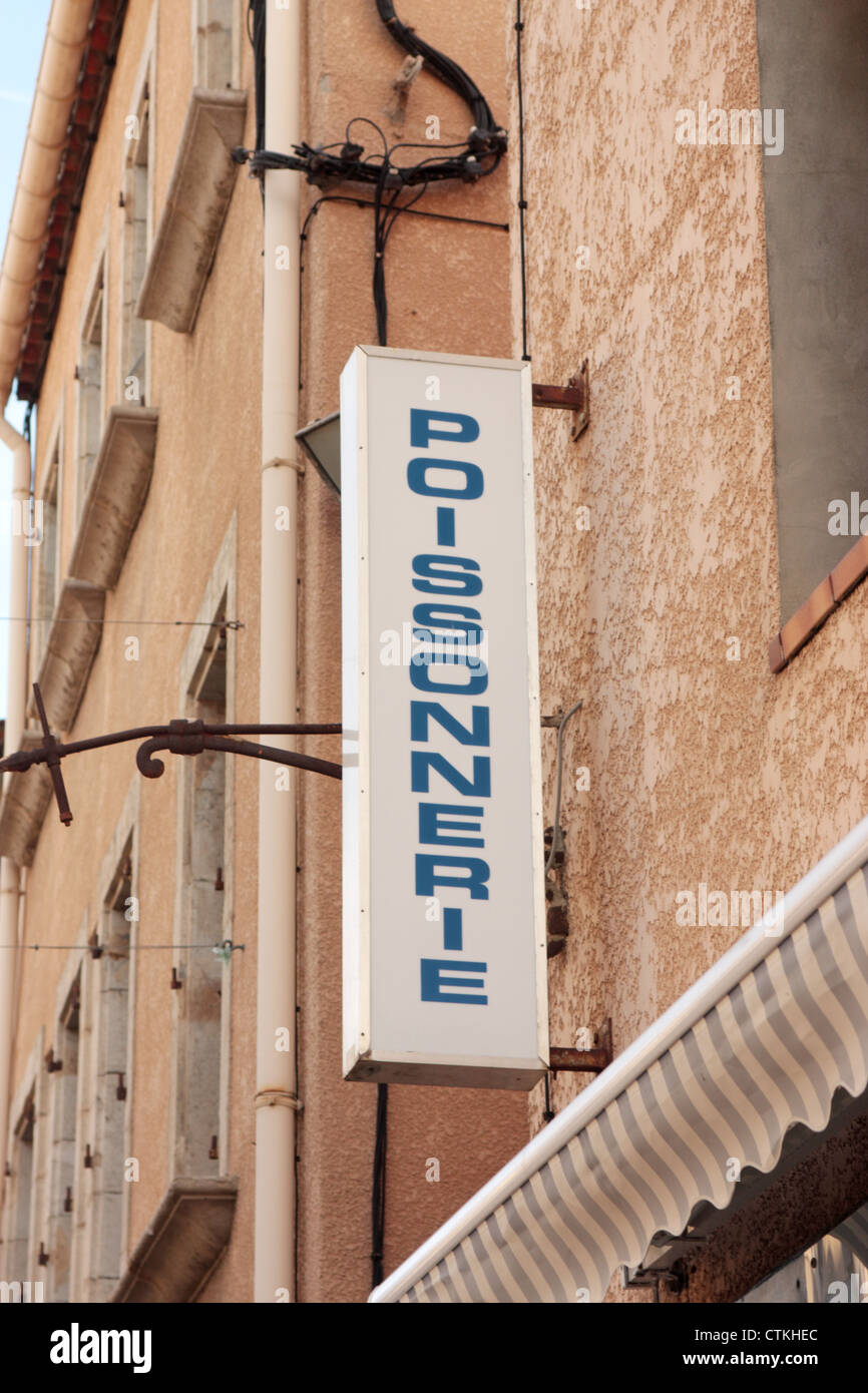 Sign above a Poissonnerie in the old village of Gruissan Languedoc-Roussillon France Stock Photo