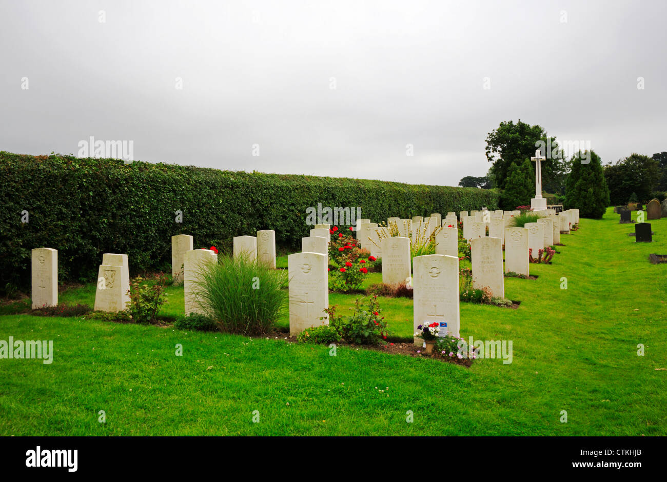A view of the war graves plot and headstones for service personnel at Scottow Cemetery, Norfolk, England, United Kingdom. Stock Photo