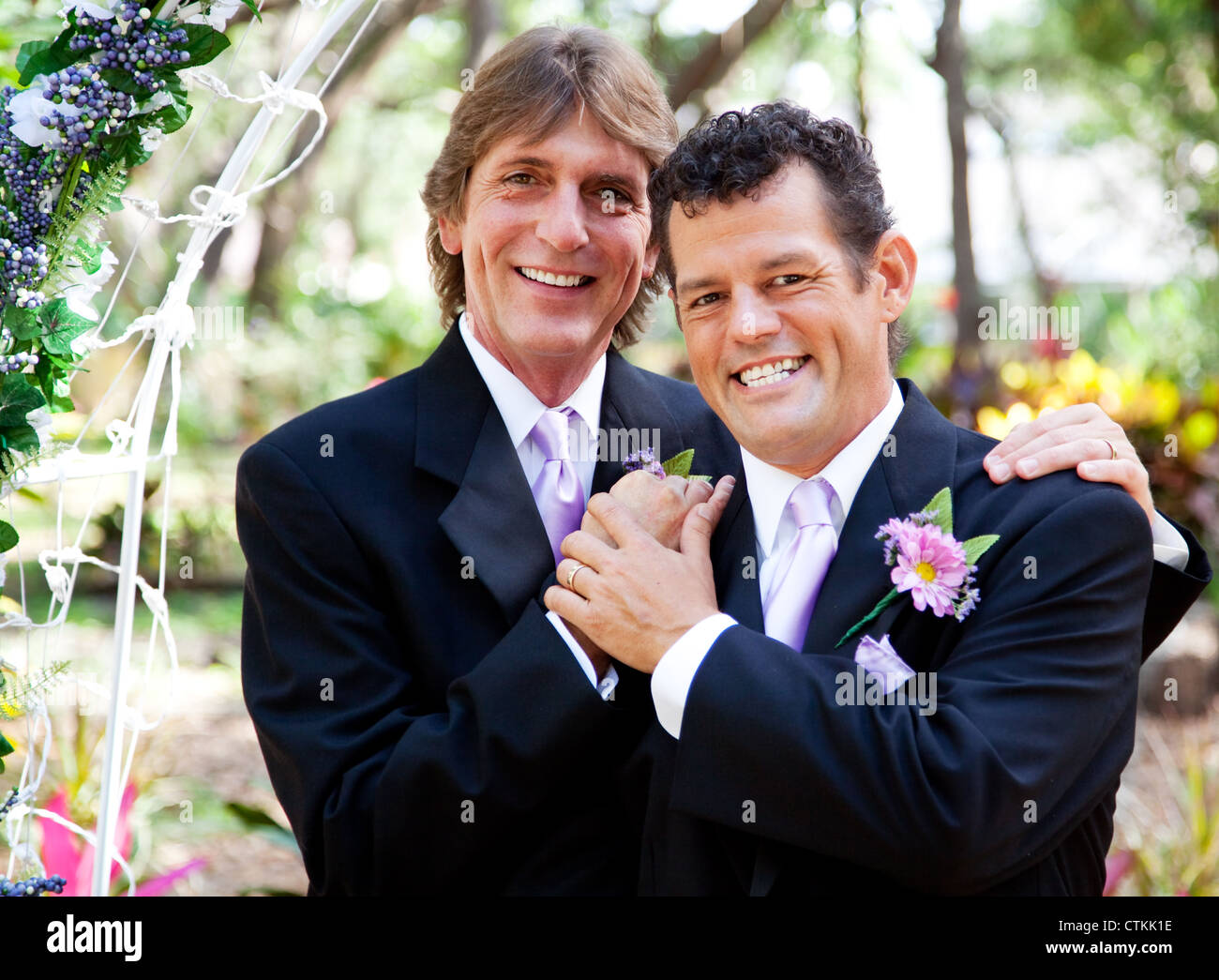 Wedding portrait of a very handsome gay couple.  Stock Photo