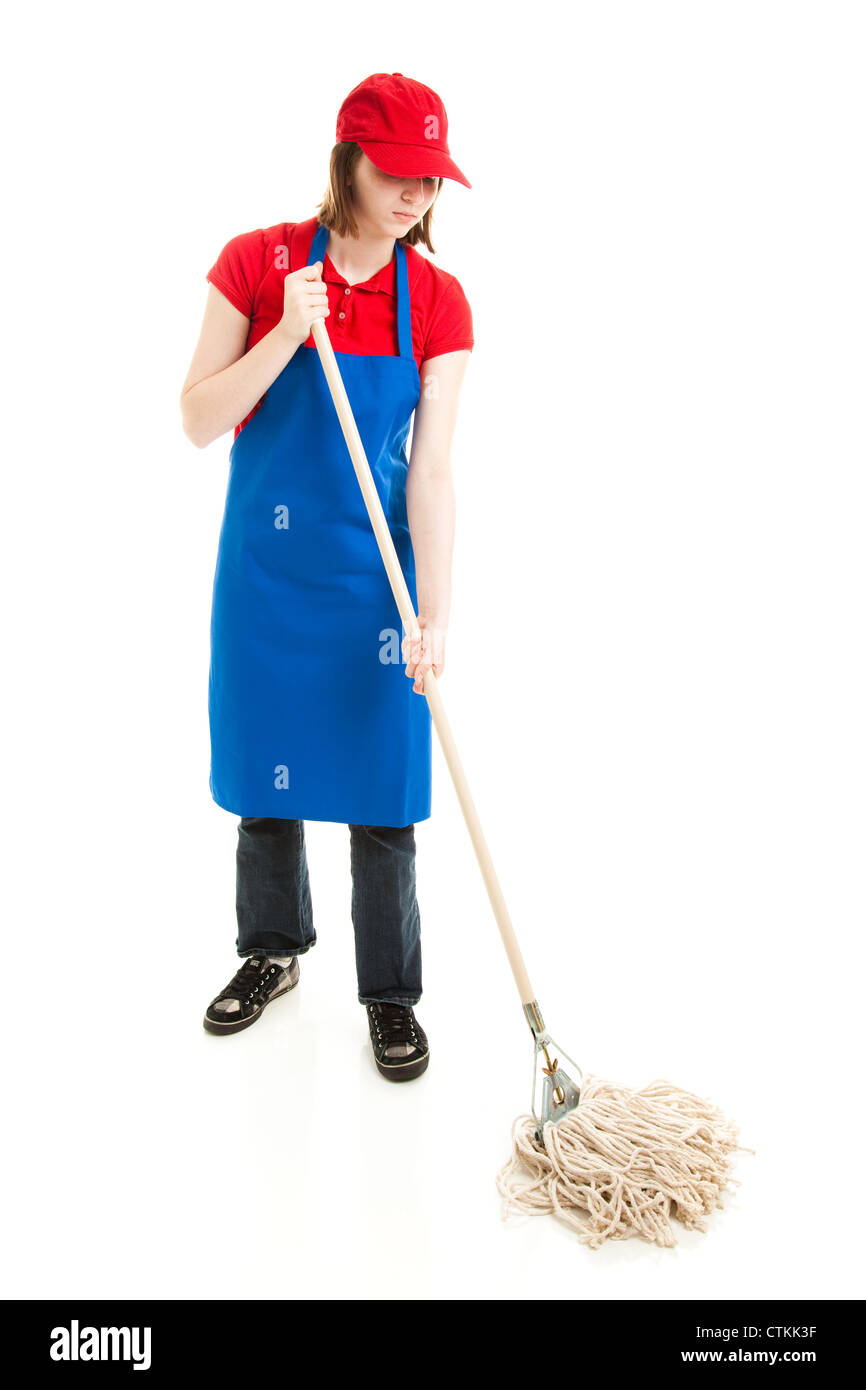 Teenage girl in service uniform mopping. Full body isolated on white.  Stock Photo