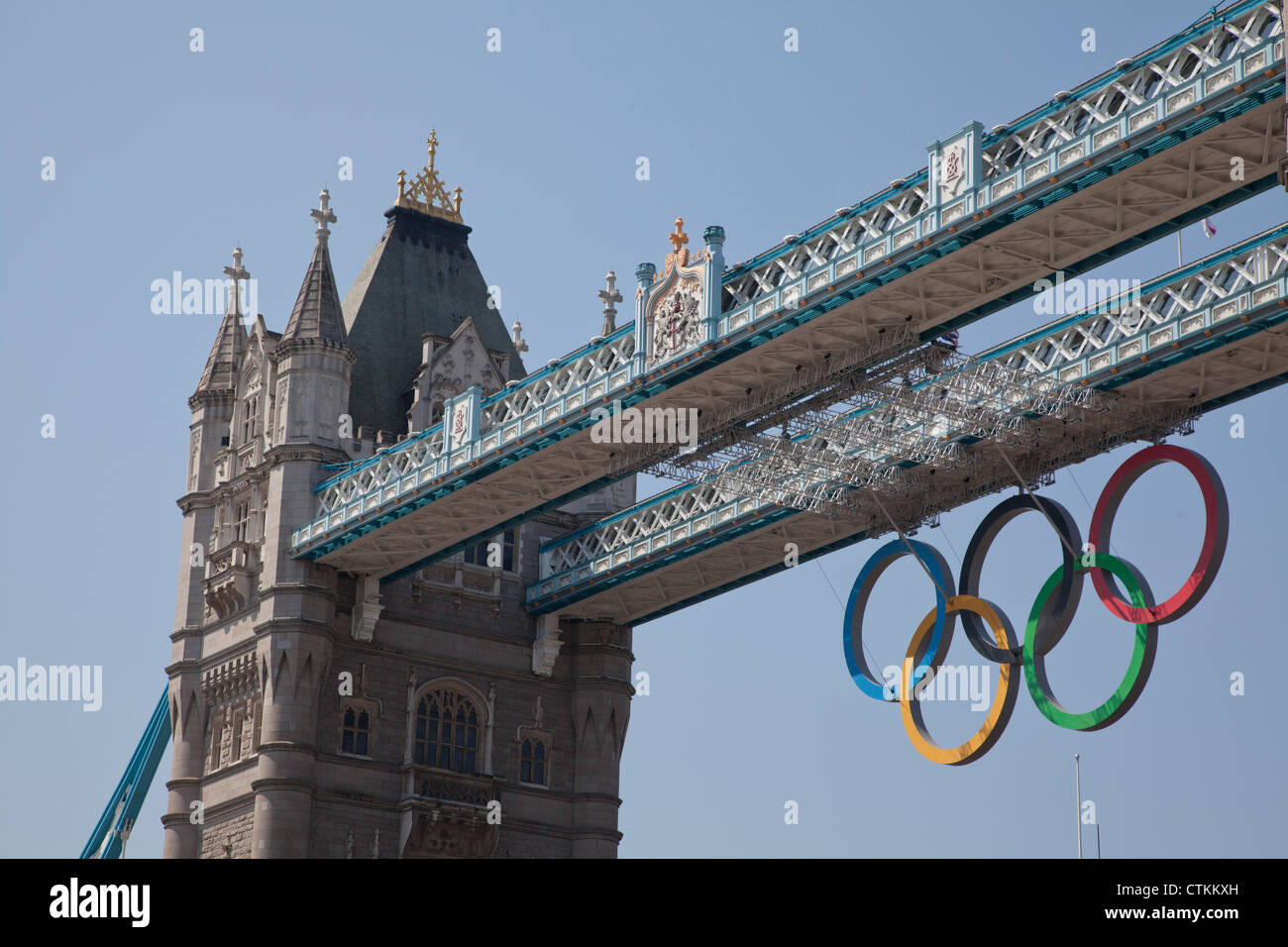 Tower Bridge with Olympic Rings during London 2012 Olympics, UK Stock