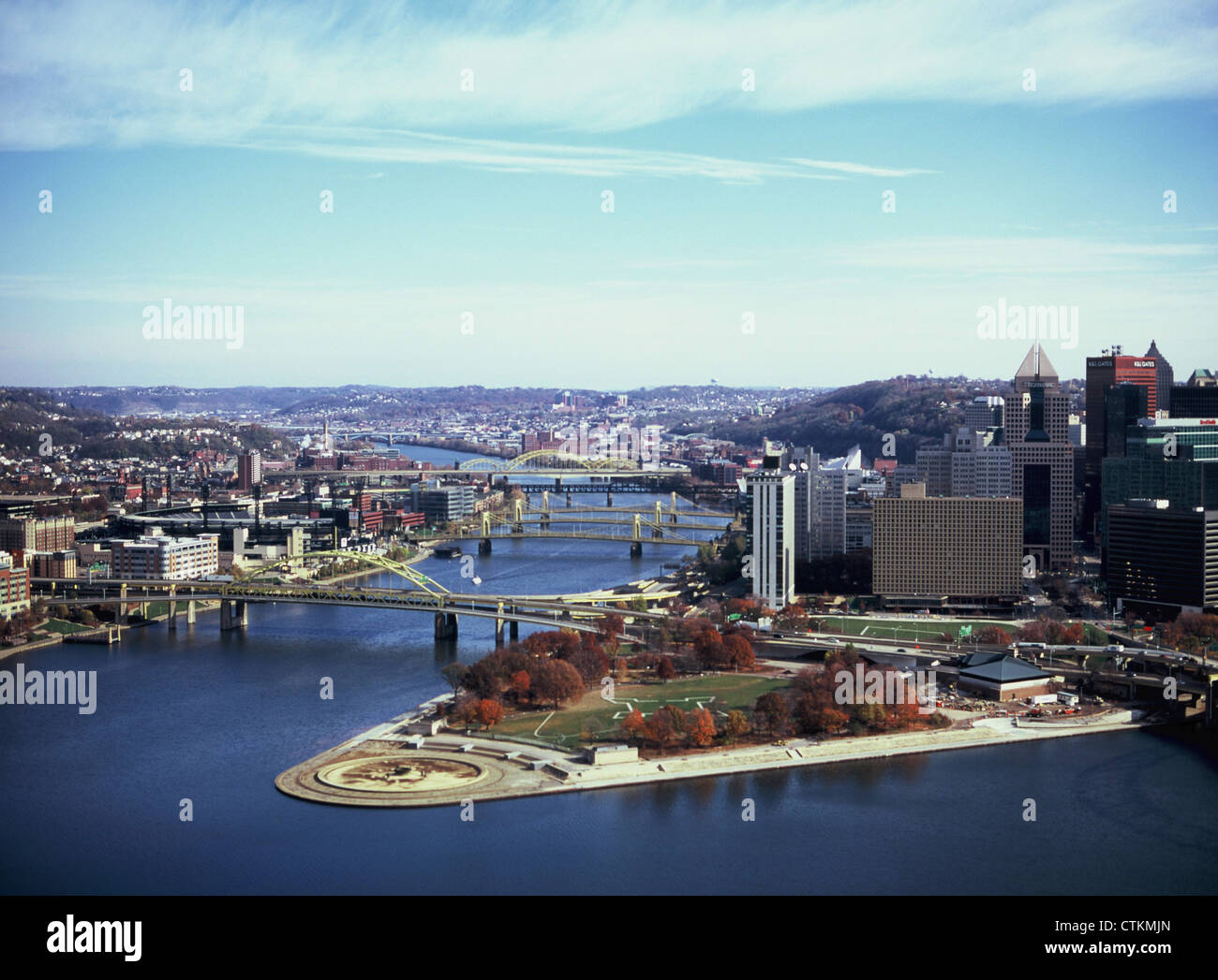 Pittsburgh, Pennsylvania skyline, taken from Mount Washington. At the 'tip' is Point State Park. Stock Photo
