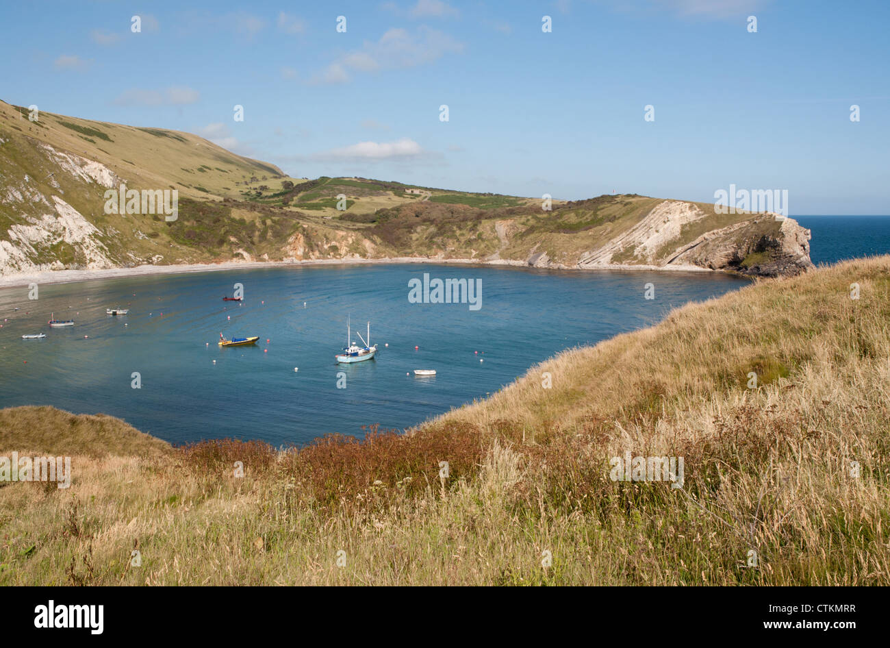 Cove at low tide blue sky sunlit Stock Photo