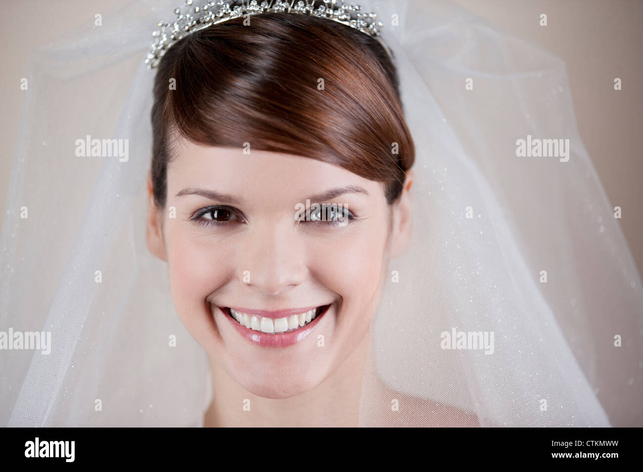 A young bride wearing a tiara and veil, smiling Stock Photo Alamy