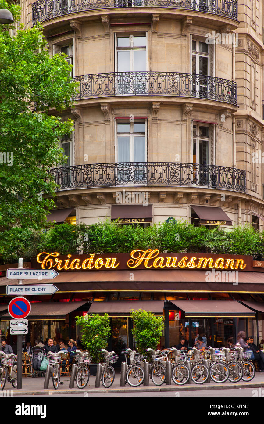 Cafe along Haussmann Boulevard, Paris France Stock Photo