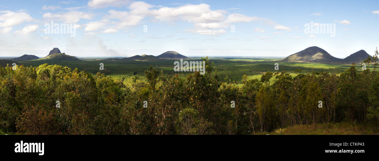 A panoramic view of the Glasshouse Mountains in Queensland Australians Stock Photo