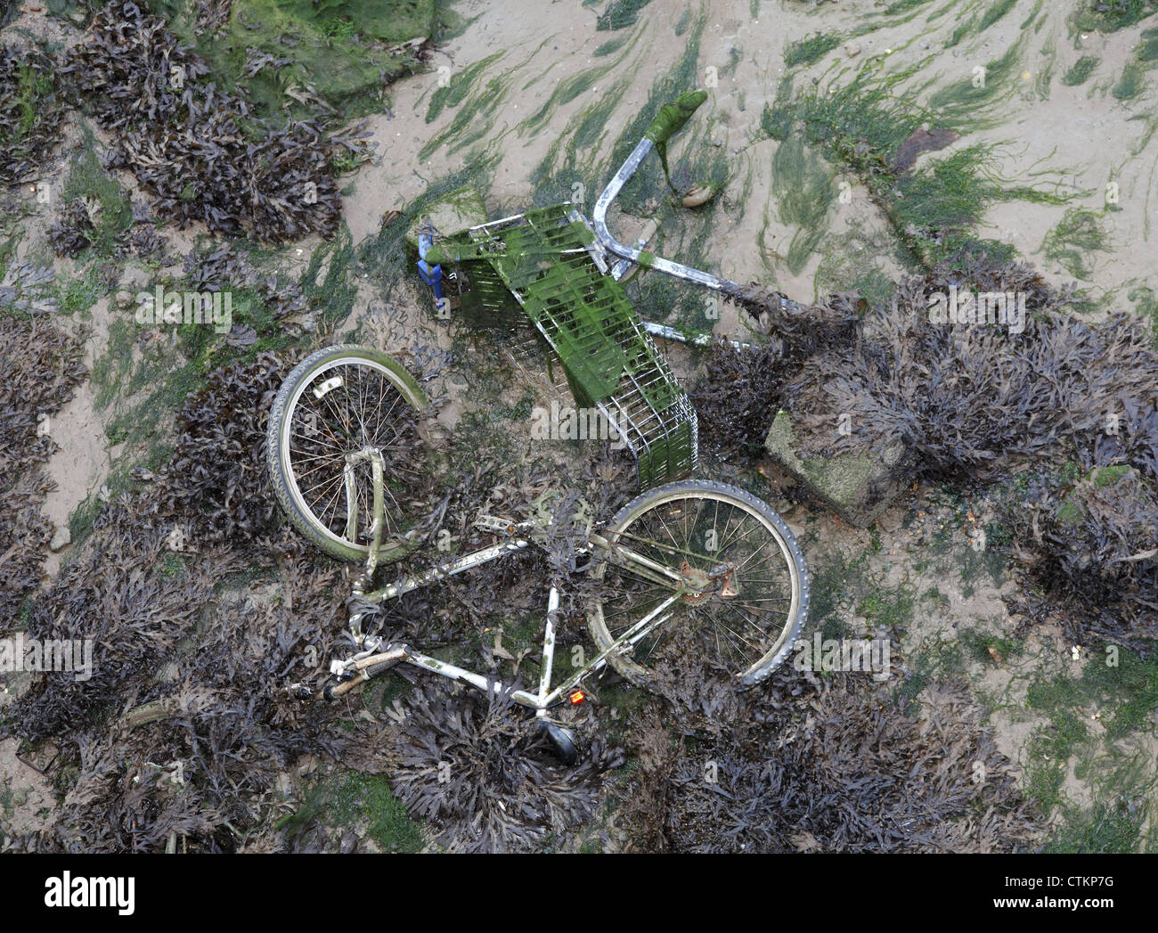 Abandoned bicycle and shopping trolley within Portsmouth harbour England Stock Photo
