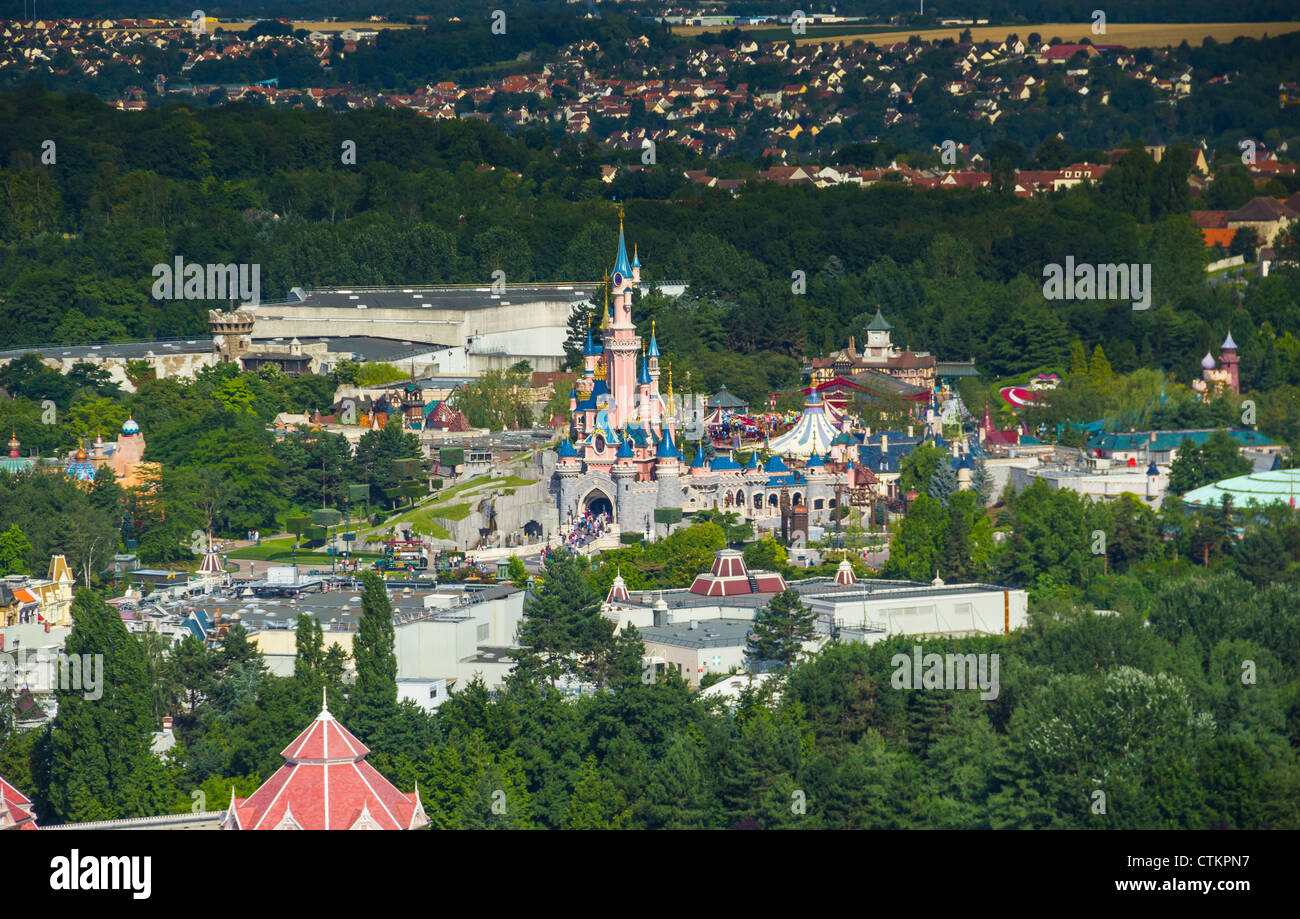 Aerial view from helium balloon at Lake Disney on Sleeping Beauty Castle and Disneyland Park, Disneyland Resort Paris, France Stock Photo