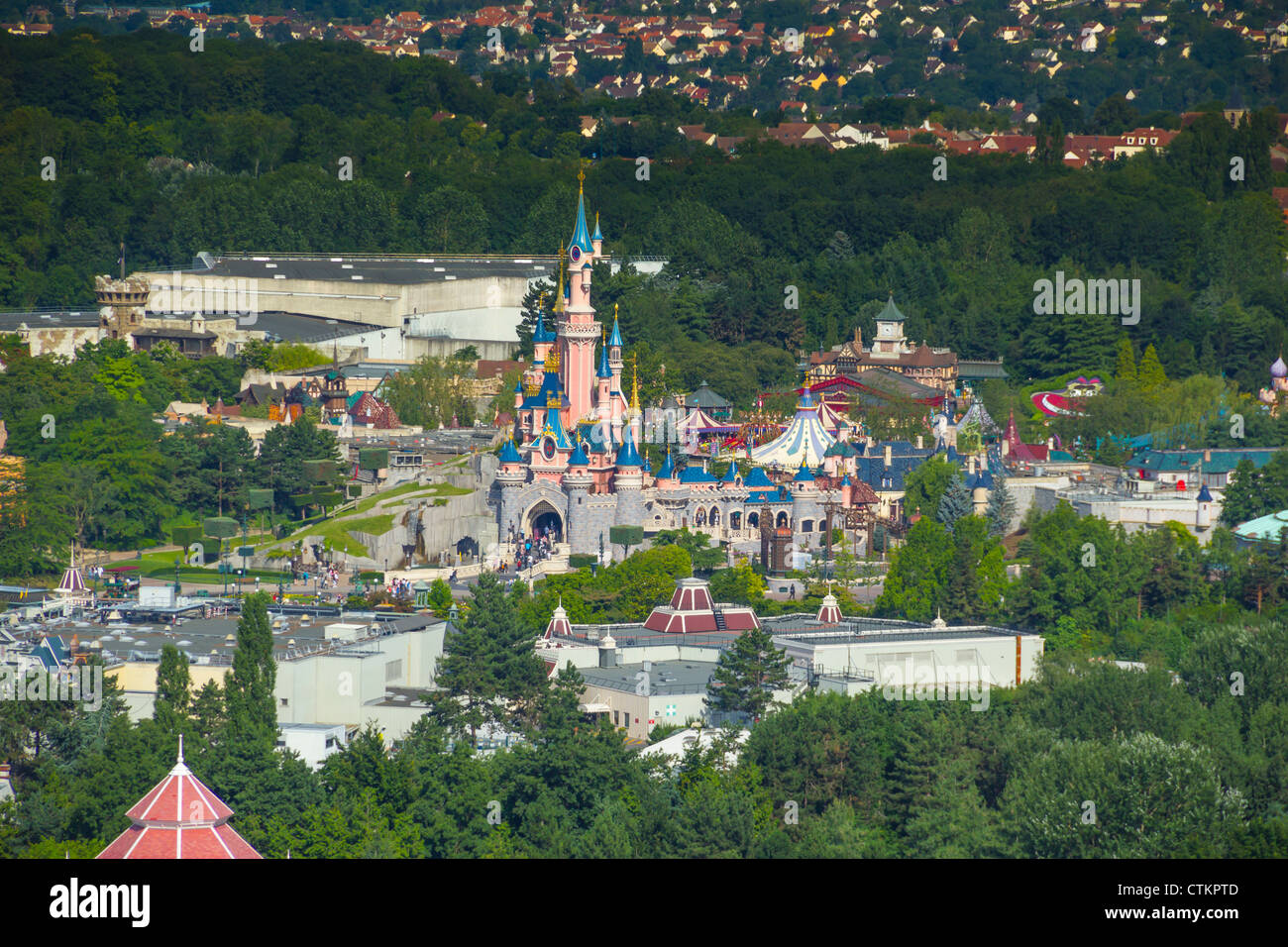 Aerial view from helium balloon at Lake Disney on Sleeping Beauty Castle and Disneyland Park, Disneyland Resort Paris, France Stock Photo