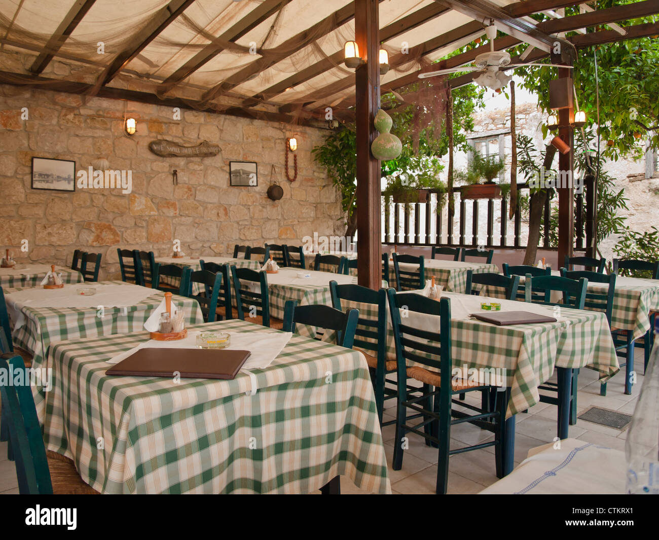 Typical Greek restaurant in holiday resort Stock Photo