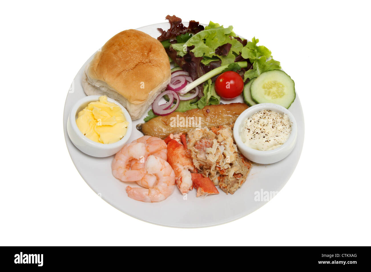 Seafood platter on a plate isolated against white Stock Photo