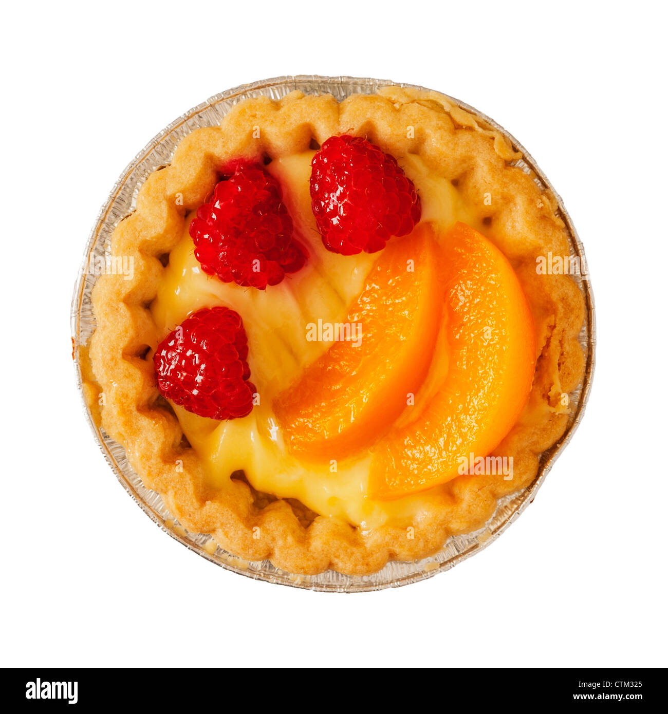 A Raspberry , Peach and custard tart dessert on a white background Stock Photo