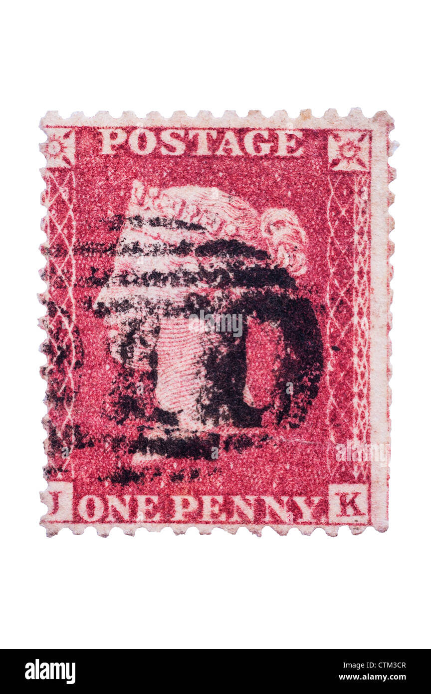 A Victorian one penny red 1d postage stamp on a white background Stock Photo