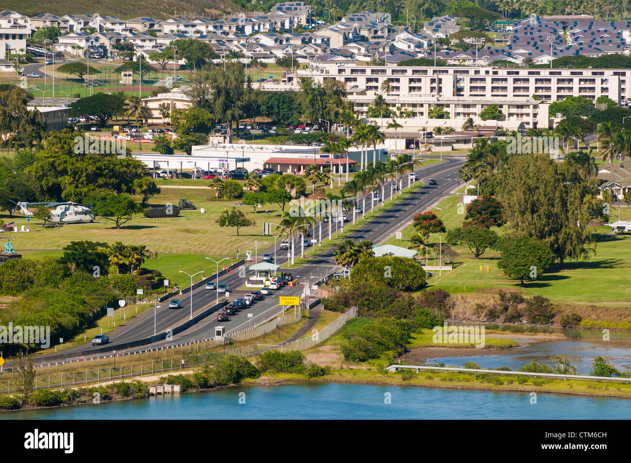 Front gate of the Kaneohe Marine Base Hawaii, Oahu, Hawaii Stock Photo