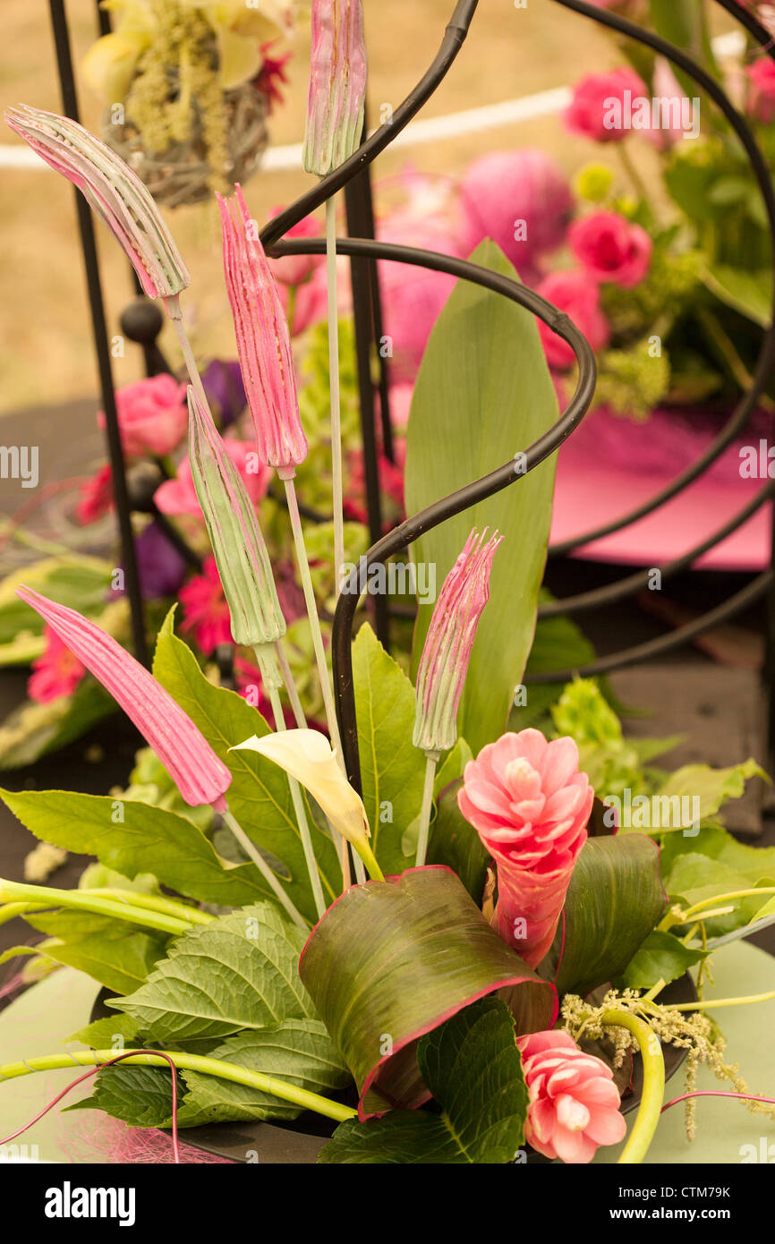 spiral floral arrangement using exotic flowers and foliage Stock Photo