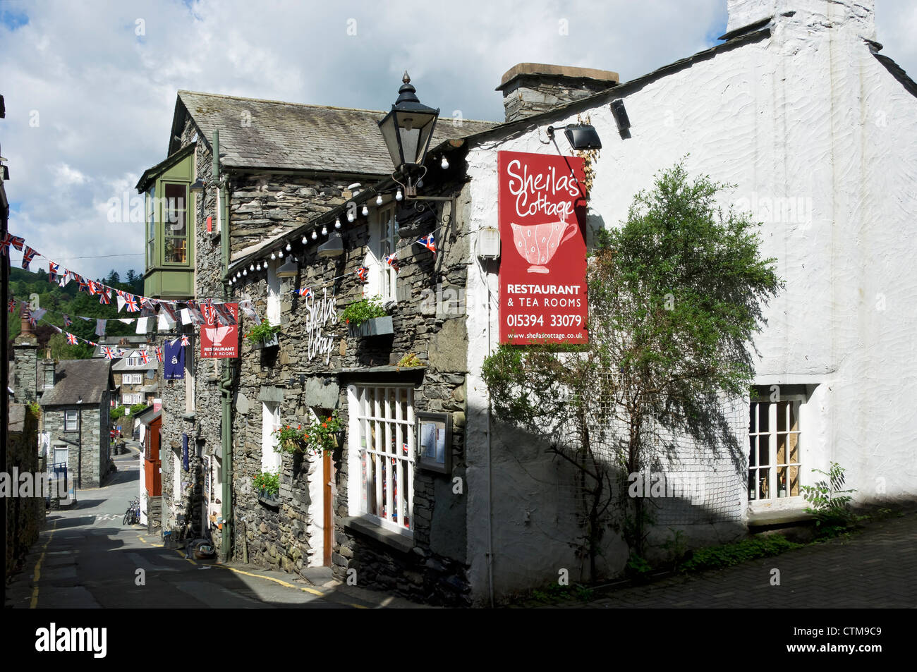 Restaurant and tea rooms cafe in the town centre in summer Ambleside Cumbria England UK United Kingdom GB Great Britain Stock Photo