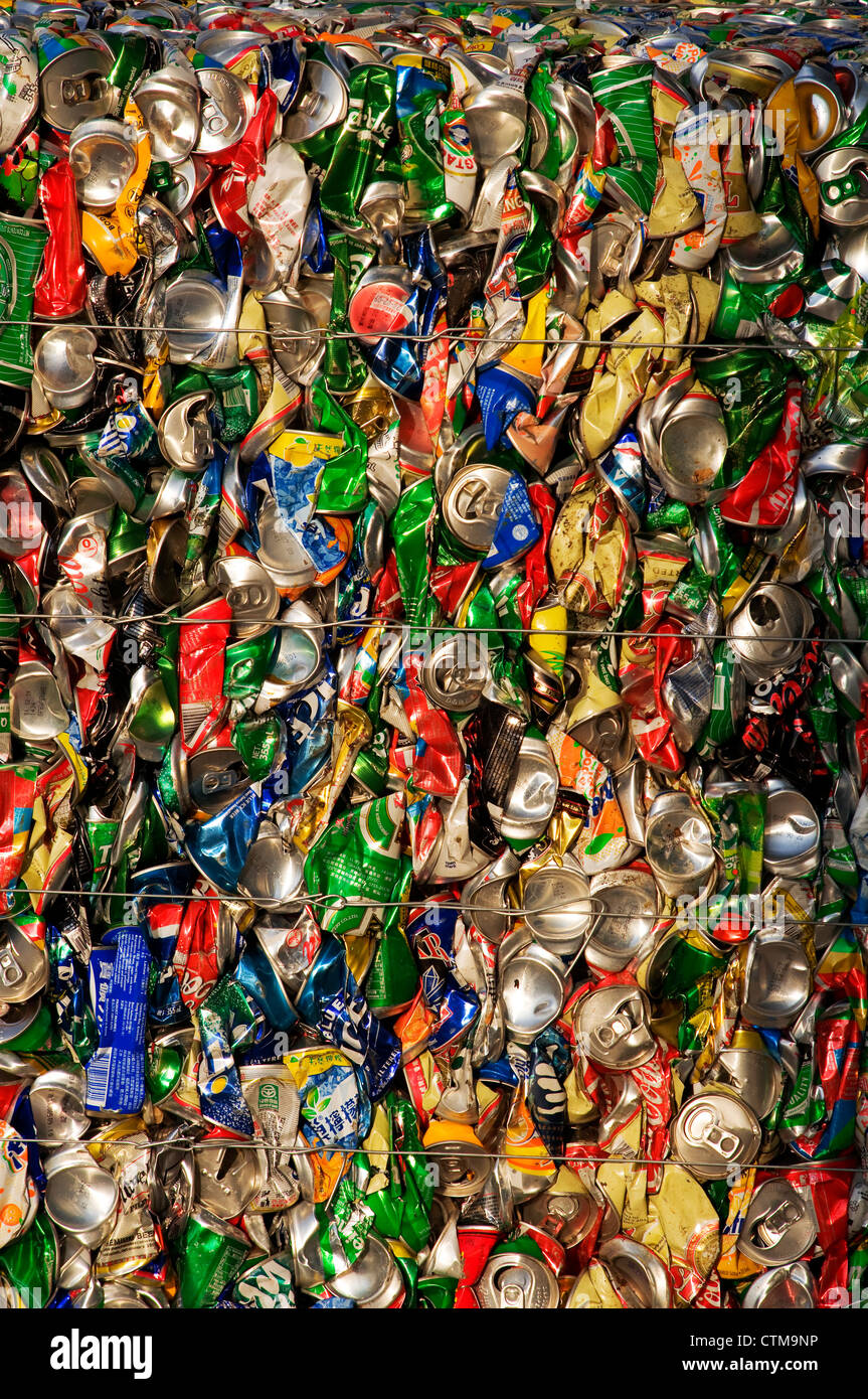 Crushed aluminum cans ready to be recycled, Hong Kong, China Stock