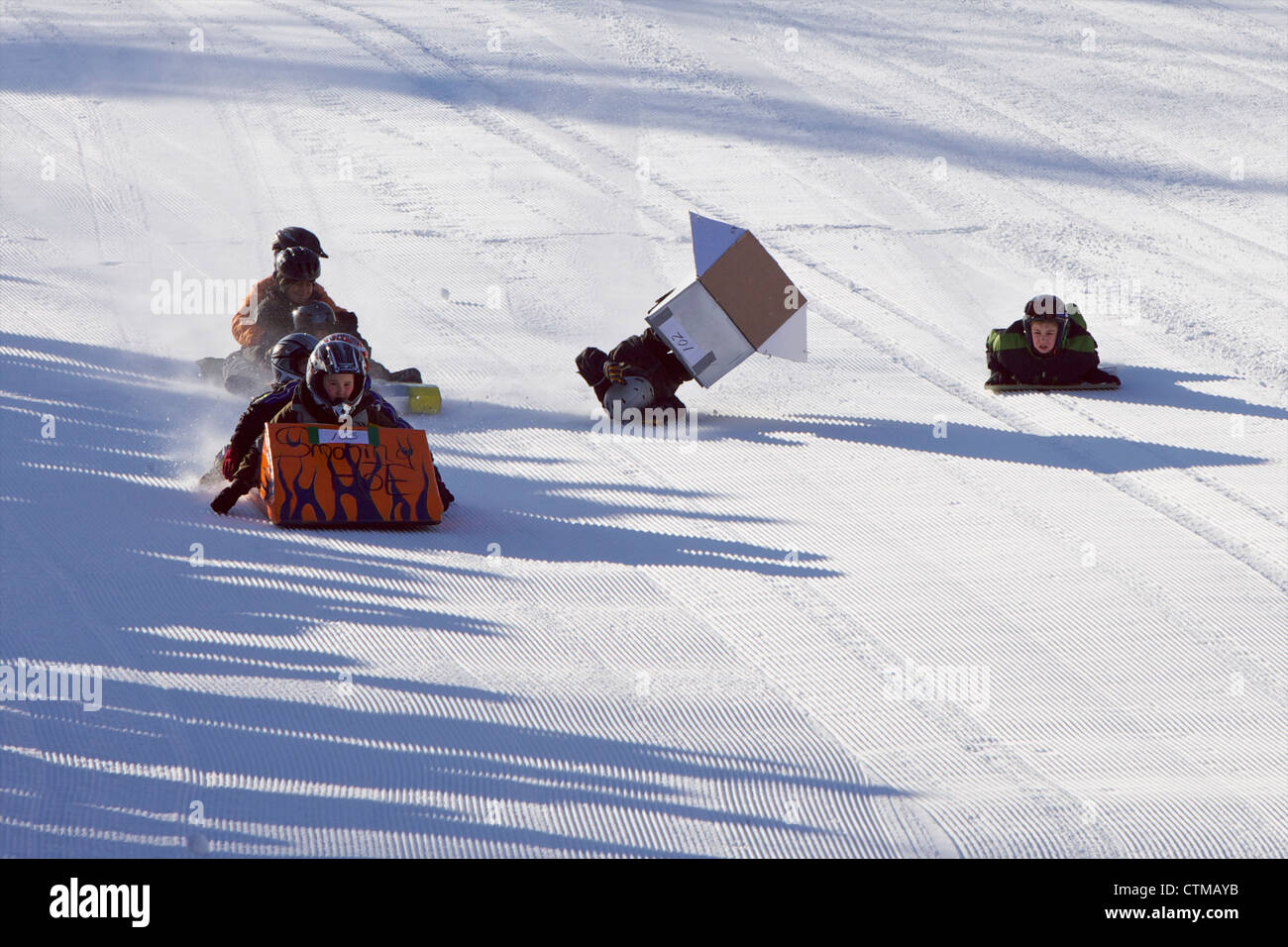 Children racing downhill in cardboard sleds at the 2010 Cardboard sled