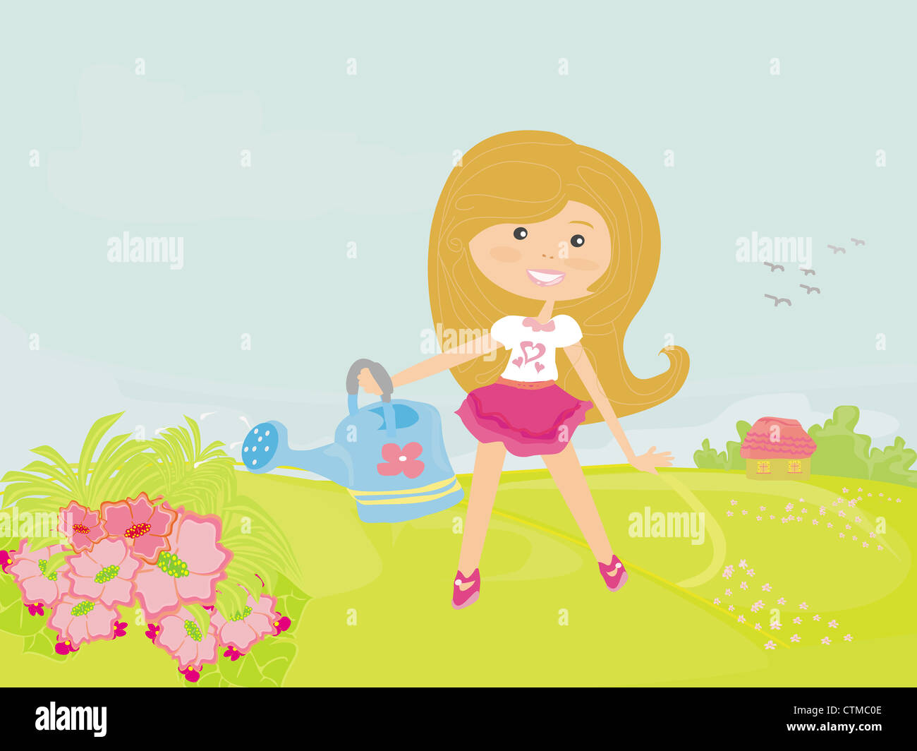 Little girl watering the flowers in the family garden at a summer day