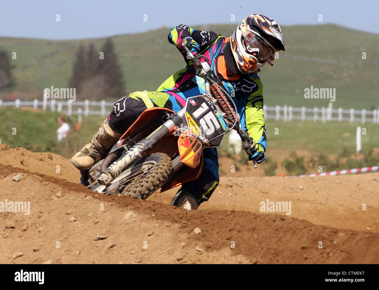 Motocross rider at Rhynie track, Scotland. Stock Photo