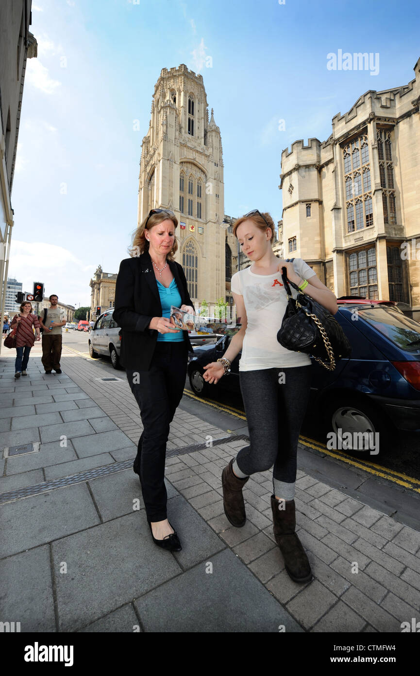 A student visits an open day with her mother outside Bristol University's Wills Memorial Building UK Stock Photo