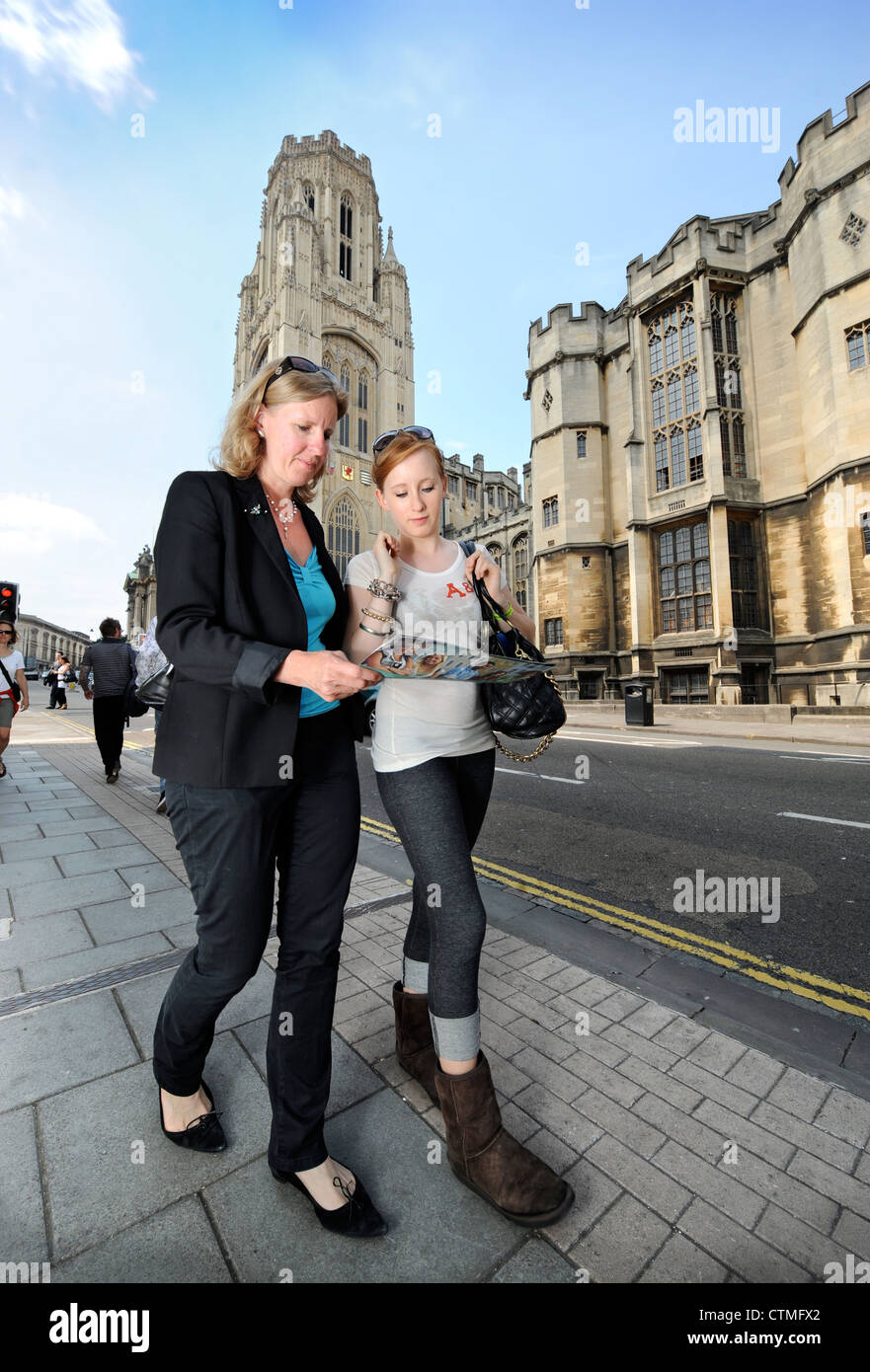 A student visits an open day with her mother outside Bristol University's Wills Memorial Building UK Stock Photo