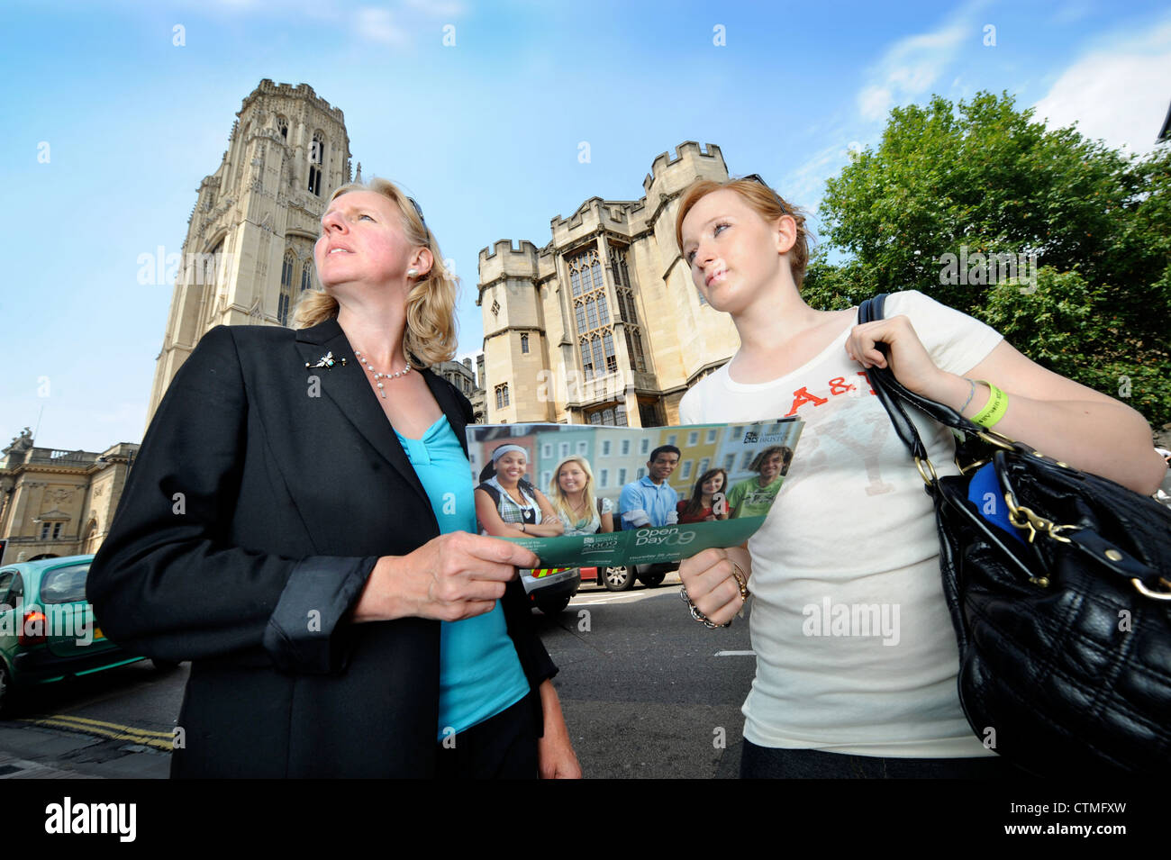 A student visits an open day with her mother outside Bristol University's Wills Memorial Building UK Stock Photo