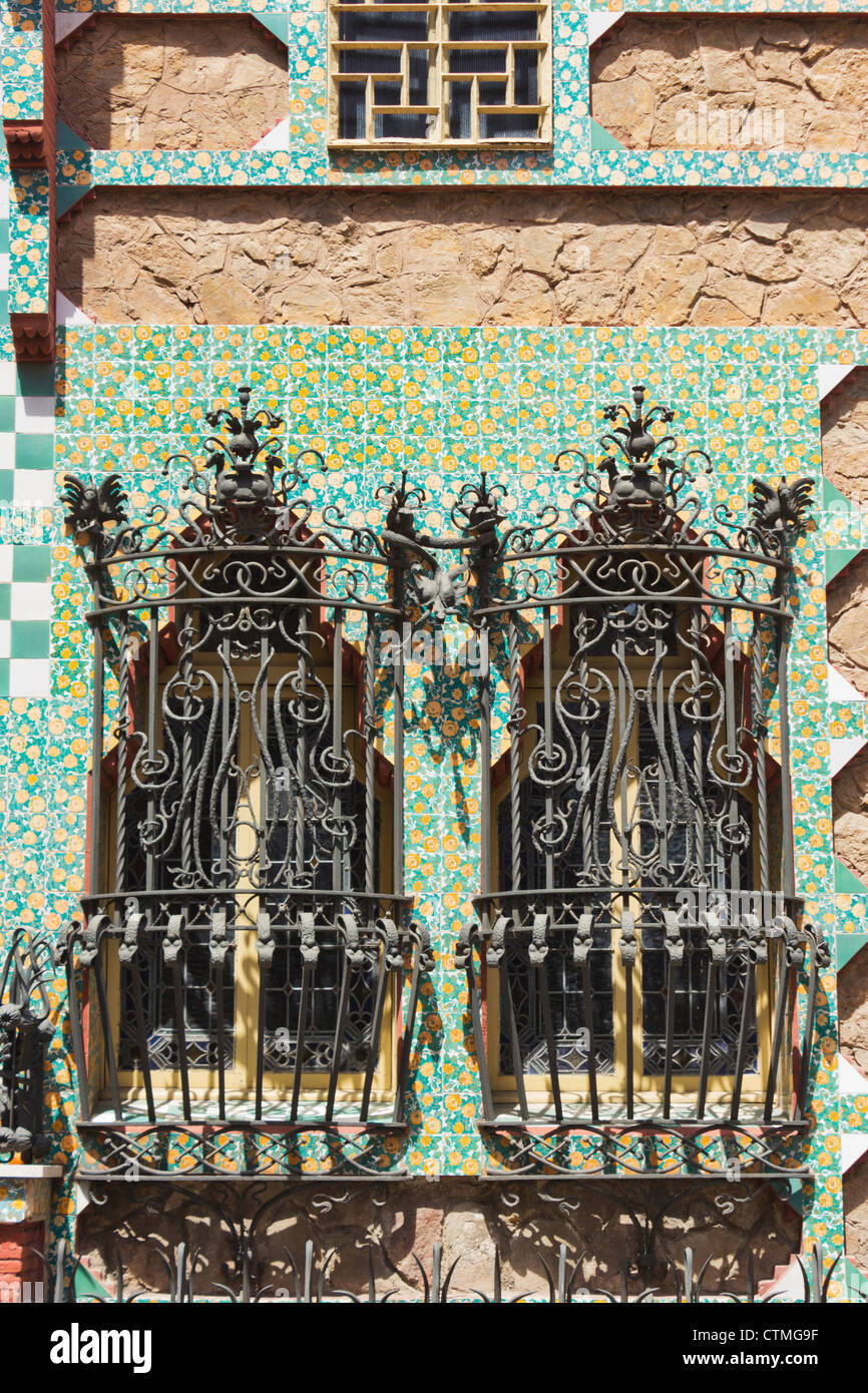 Casa Vicens, Barcelona, Spain. Designed by Antoni Gaudi. Detail of window grills and balconies. Stock Photo