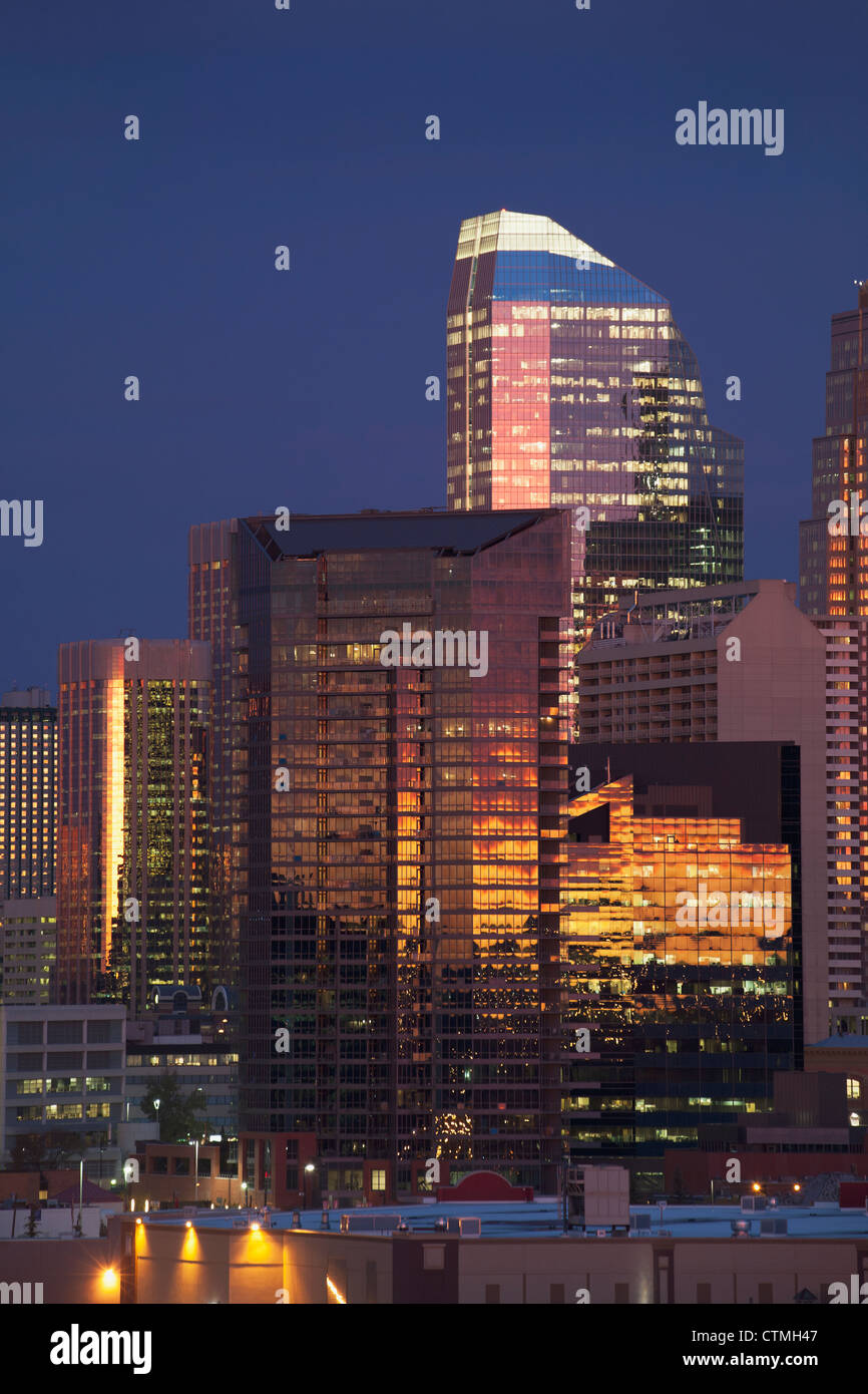 Calgary Skyline At Dawn With City Lights And Deep Blue Sky With