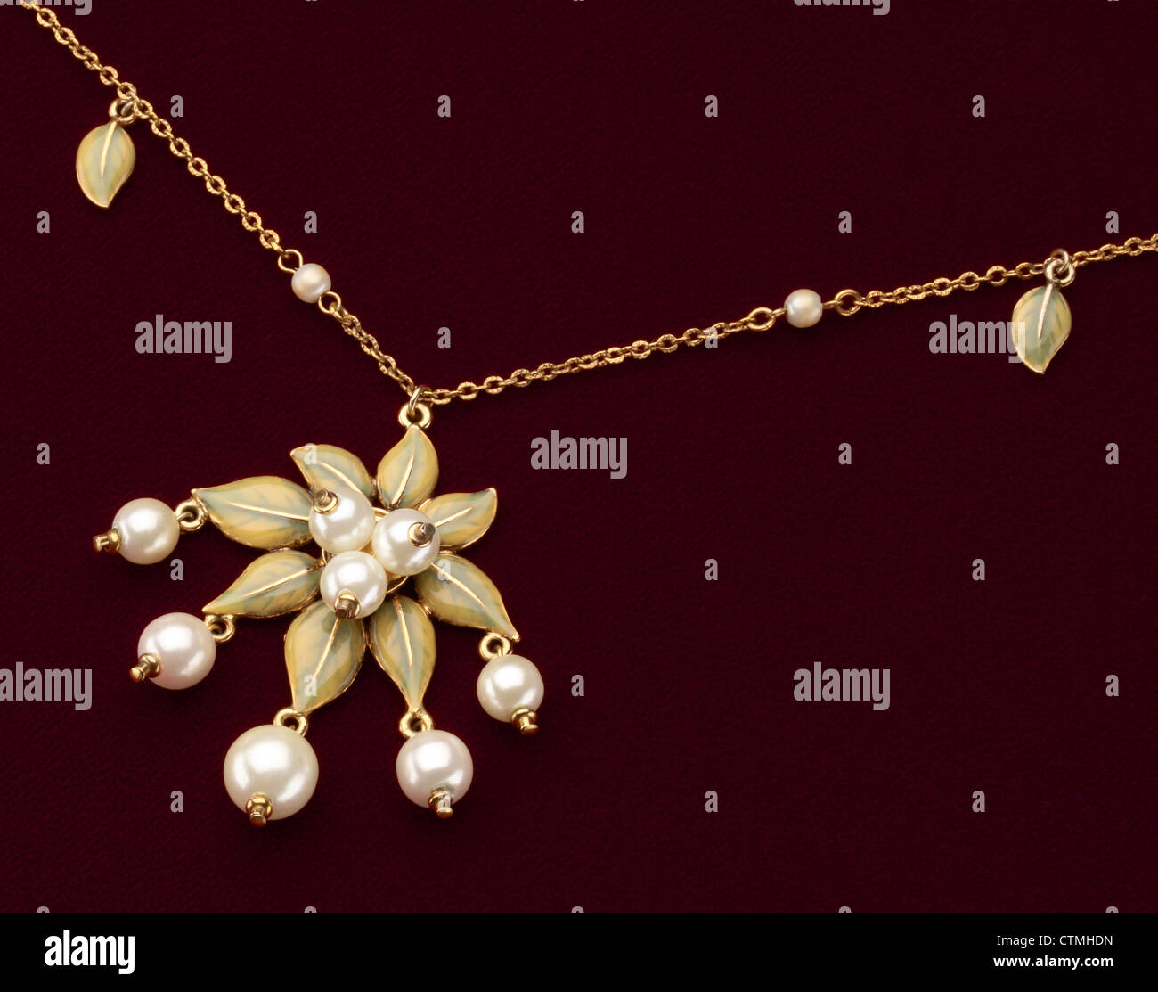 Costume jewelry. A closeup view of a gold necklace with flower and