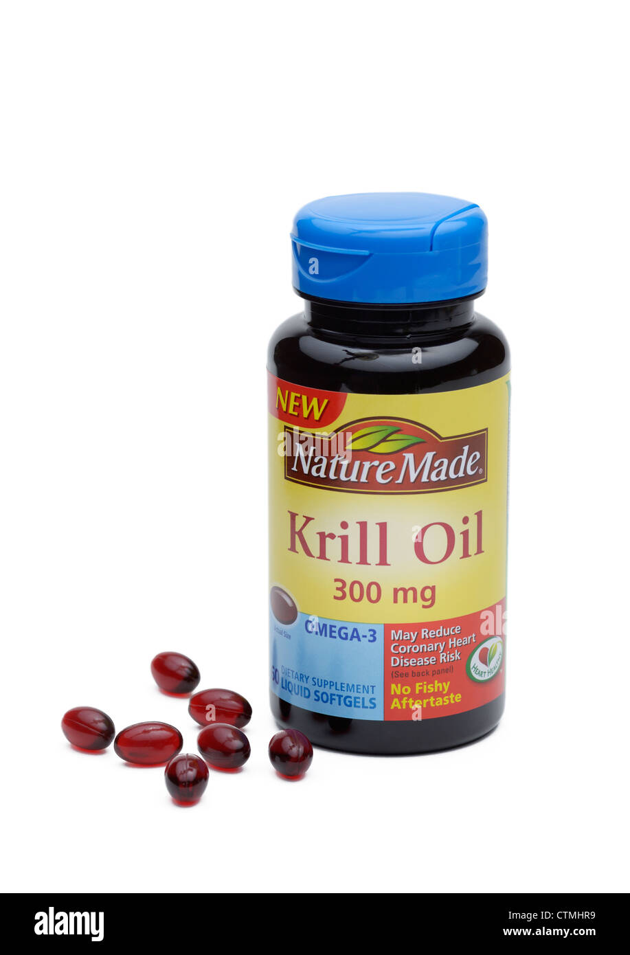 Krill oil pills, a supplemental source of Omega-3 fatty acids Stock Photo