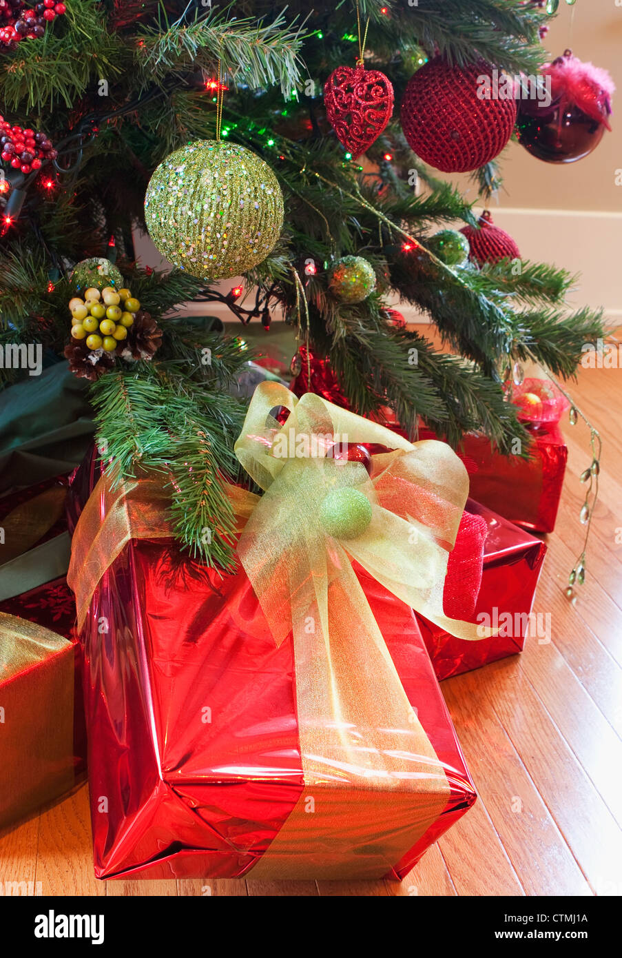 Decorative Wrapped Presents Under A Christmas Tree; Calgary, Alberta