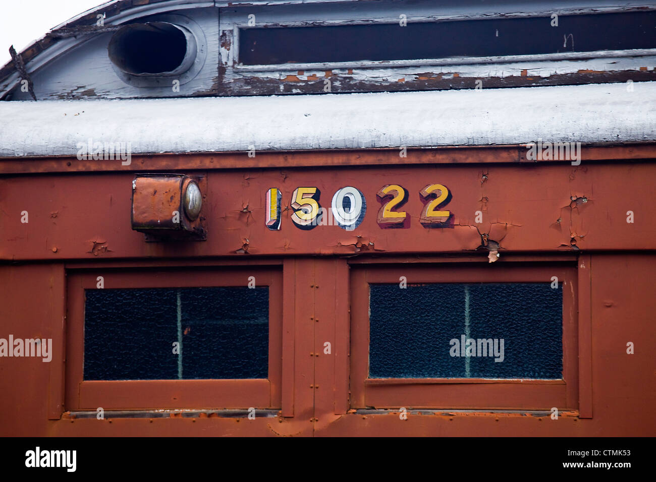 Closeup detail of windows and number 15022 on abandoned train, Kwazulu