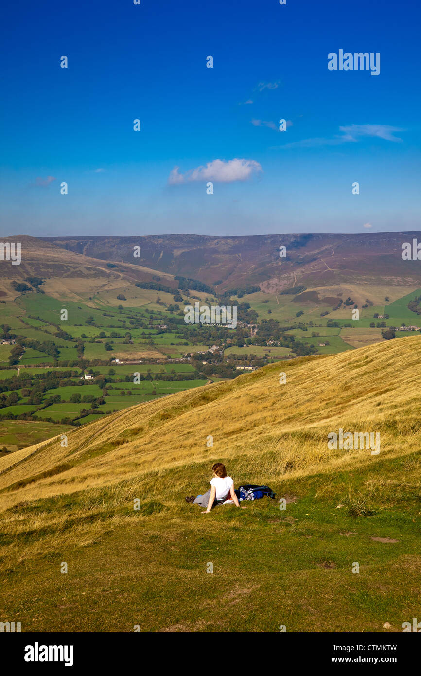 Vale of Edale and Kinder Scout from the summit of Mam Tor in the Peak District National Park Derbyshire England UK Stock Photo