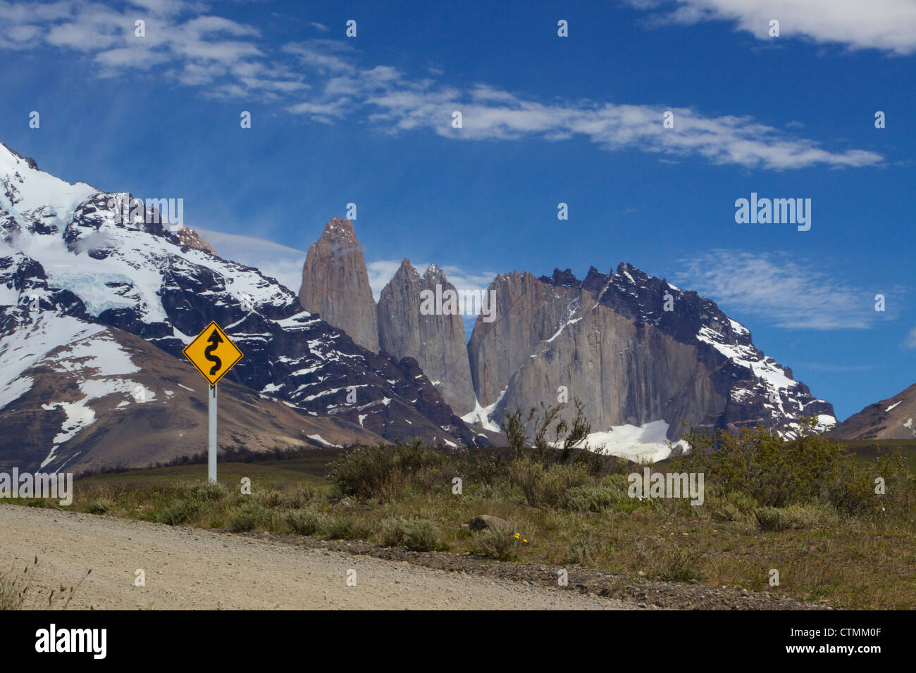 A tourist's roadside view of the Torres del Paine, Torres del Paine National Park, Patagonia, Chile, South America Stock Photo