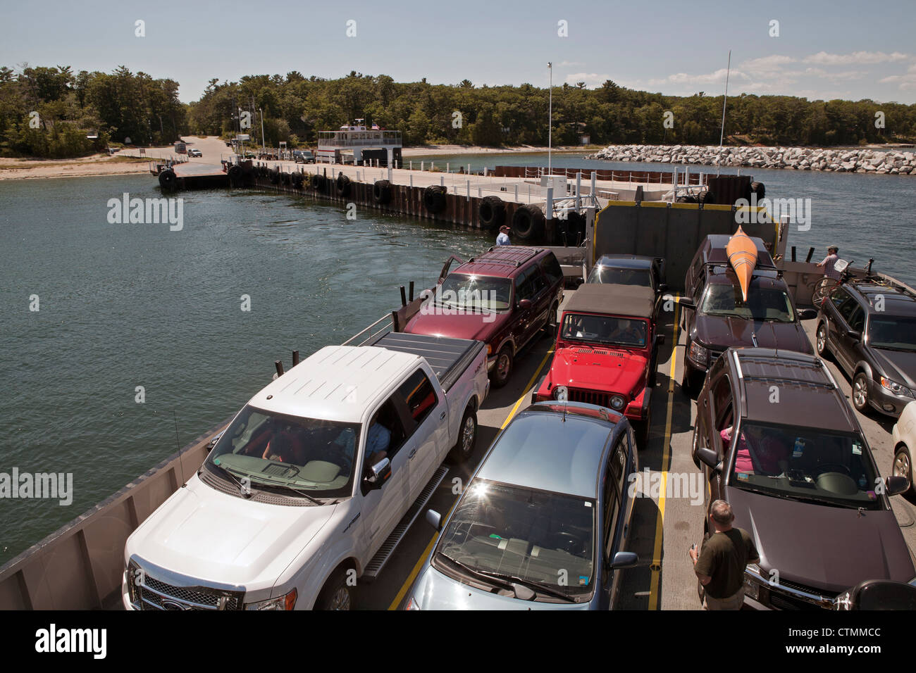 A car ferry on Lake Michigan leaves the dock in Door County, Wisconsin