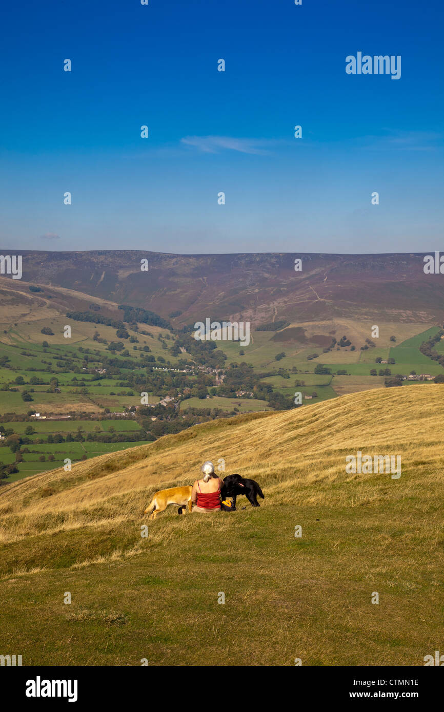 Vale of Edale and Kinder Scout from the summit of Mam Tor in the Peak District National Park Derbyshire England UK Stock Photo