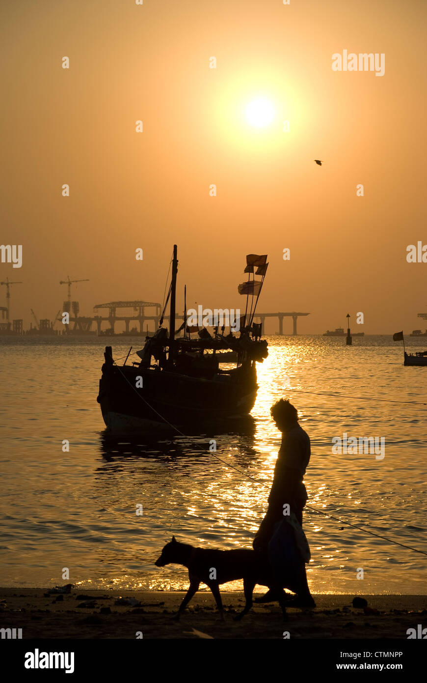 Man and dog walking on beach with a fishing boat and sealink in the background - Mumbai Stock Photo