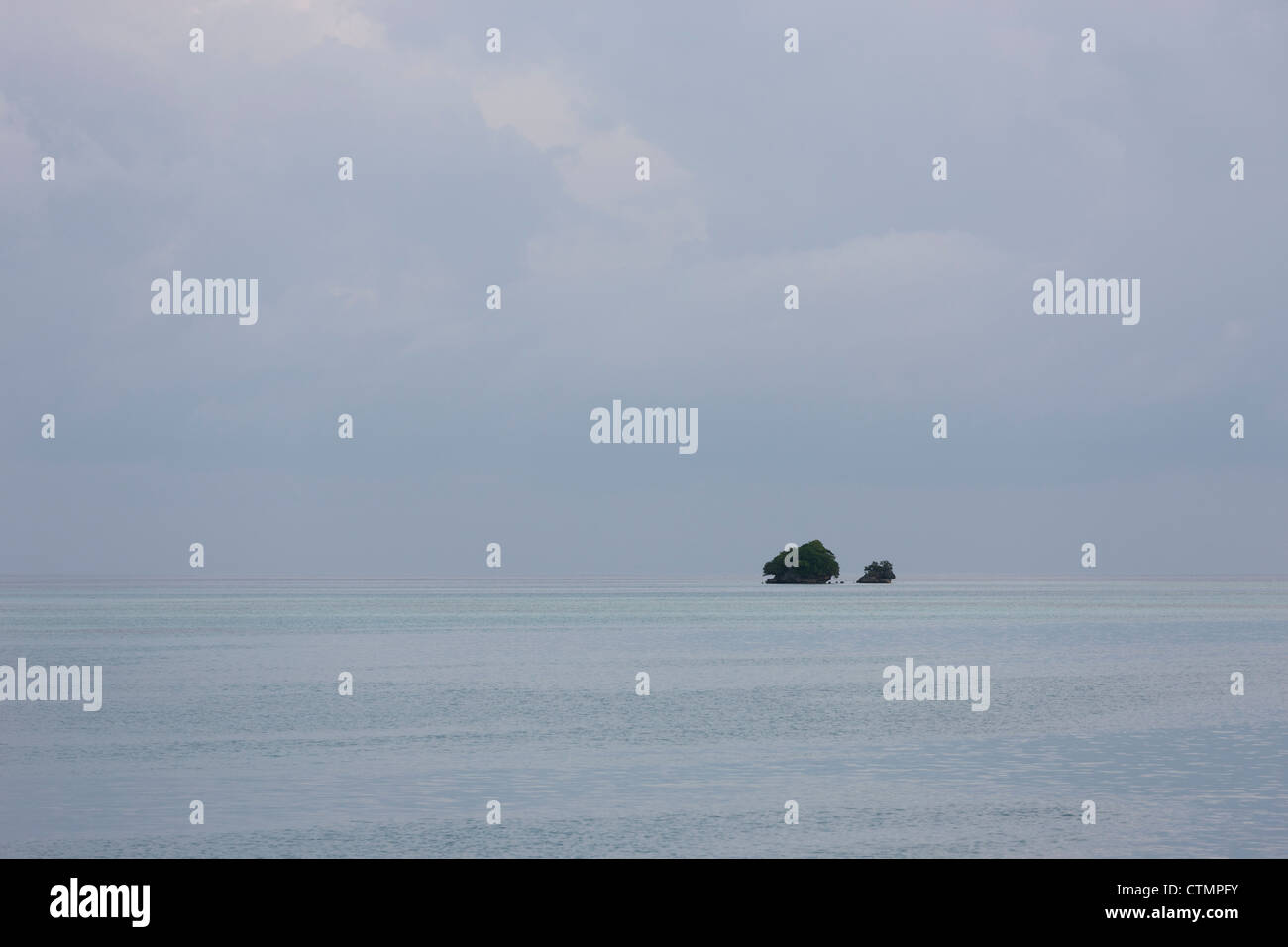 View of the islands of Palau as seen from the live aboard dive boat Ocean Hunter III at anchor near the German Channel. Stock Photo