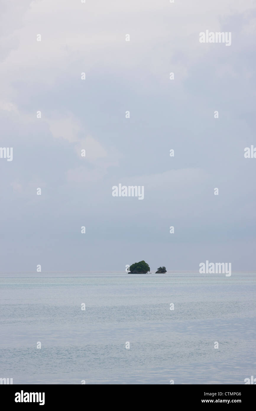 View of the islands of Palau as seen from the live aboard dive boat Ocean Hunter III at anchor near the German Channel. Stock Photo