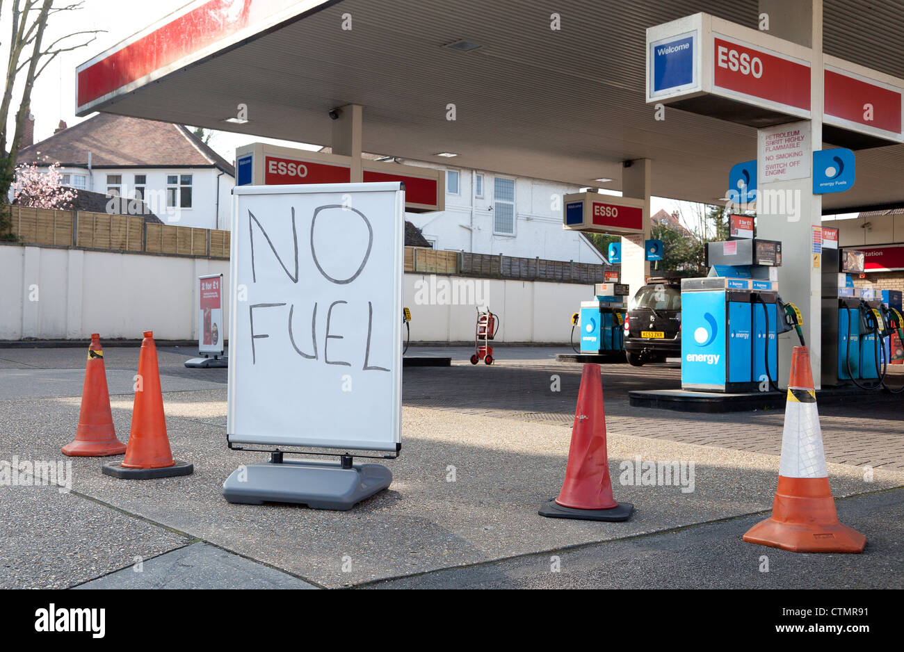 No Fuel signs at a petrol forecourt during fuel shortages Stock Photo