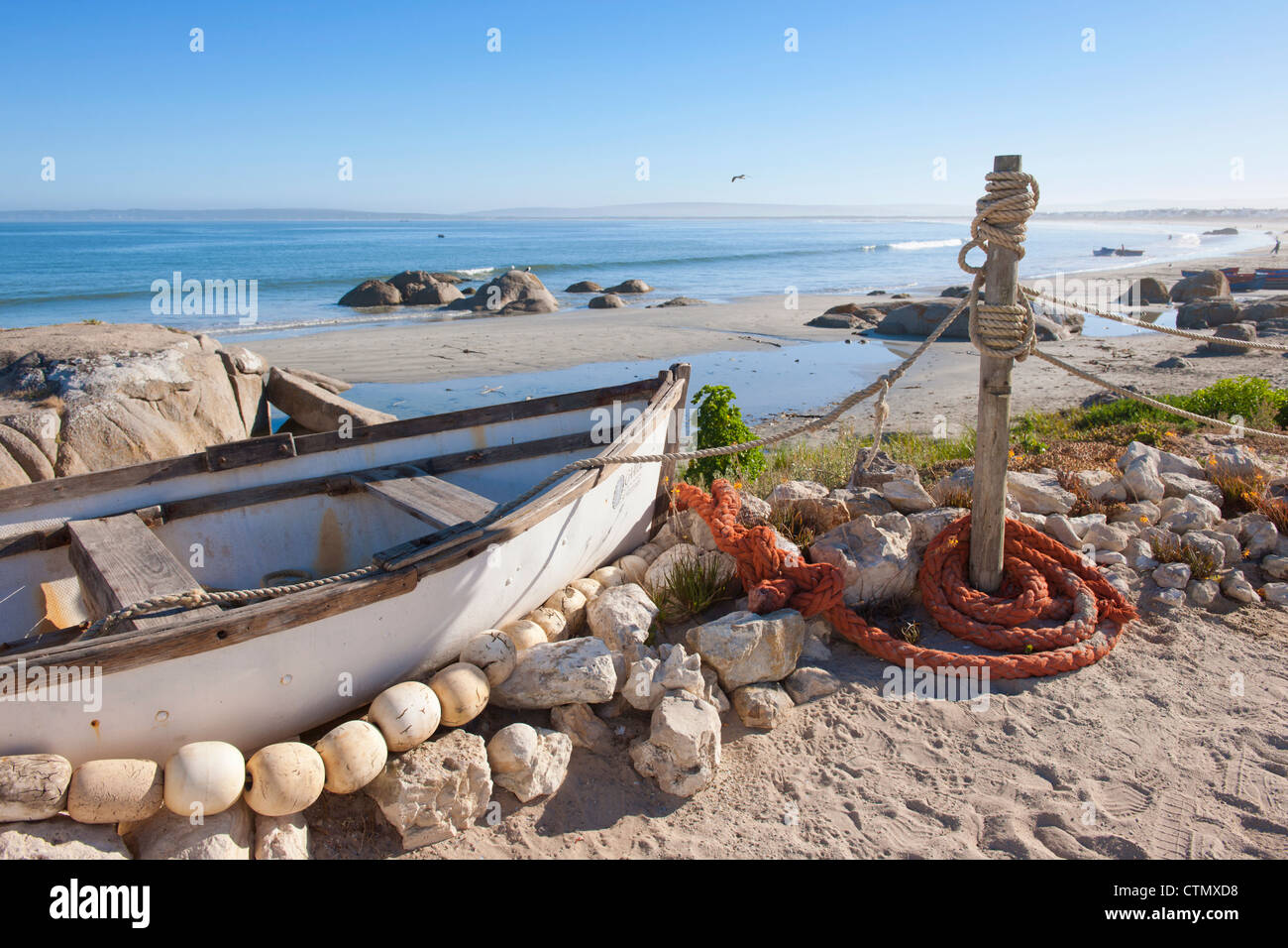 A traditional fishing boat on the beach at Paternoster, Western Cape, South Africa Stock Photo