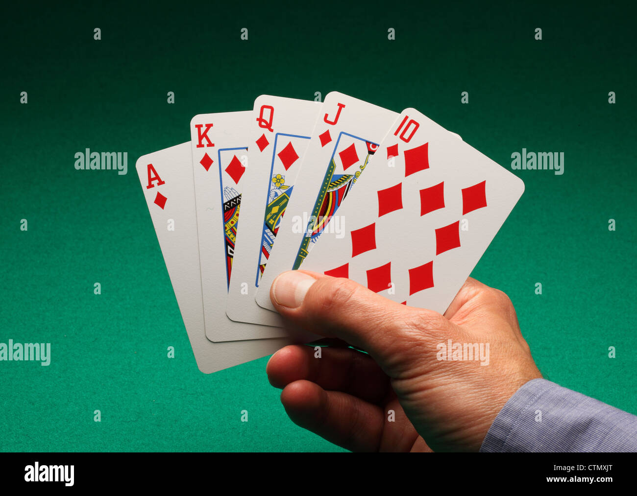 A man's hand holding playing cards on a green table. A Royal Flush of