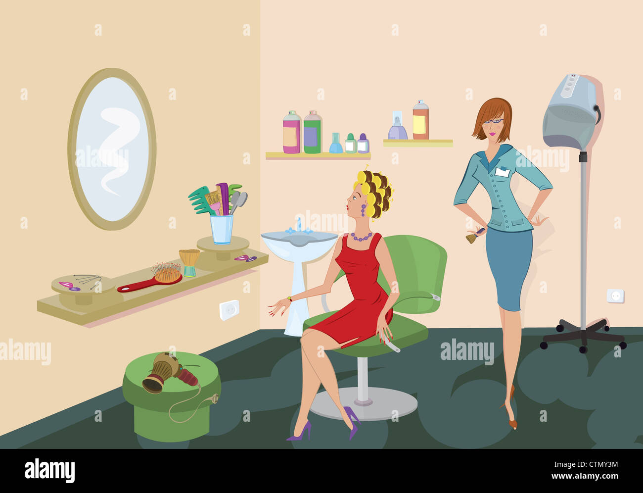 Dressing Client Beauty salon client in red dress is looking in the mirror Stock Photo ...