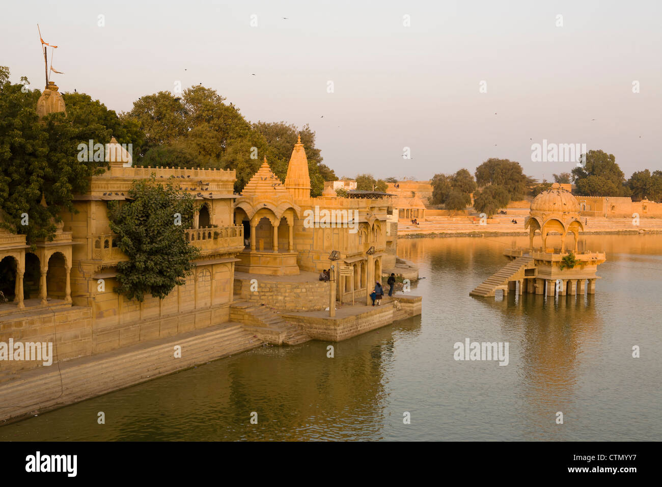 Elevated view of the pavilions at Gadi Sagar Tank near Jaisalmer, Rajasthan, India. Stock Photo
