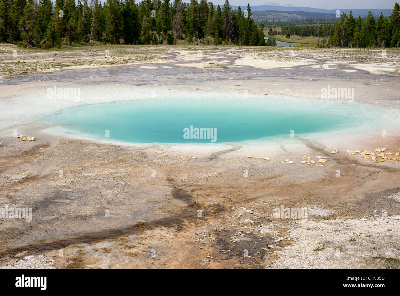 Opal pool and abstract patterns in mud, Midway Geyser Basin, Yellowstone National Park, Wyoming, USA Stock Photo